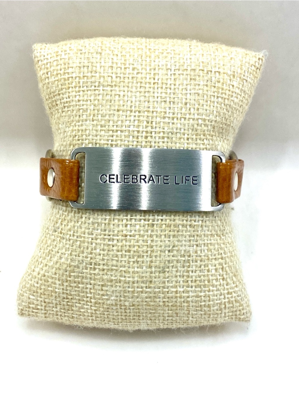 "Celebrate Life" Engraved Steel & Brown Bracelet
